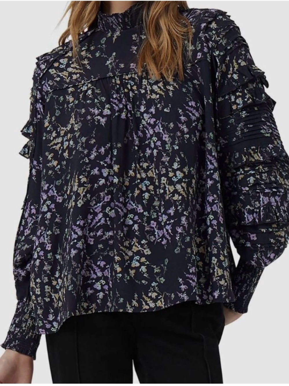 EUC French Connection Black Floral Ruffle Mock-Neck Blouse Lavender Accents Sz M